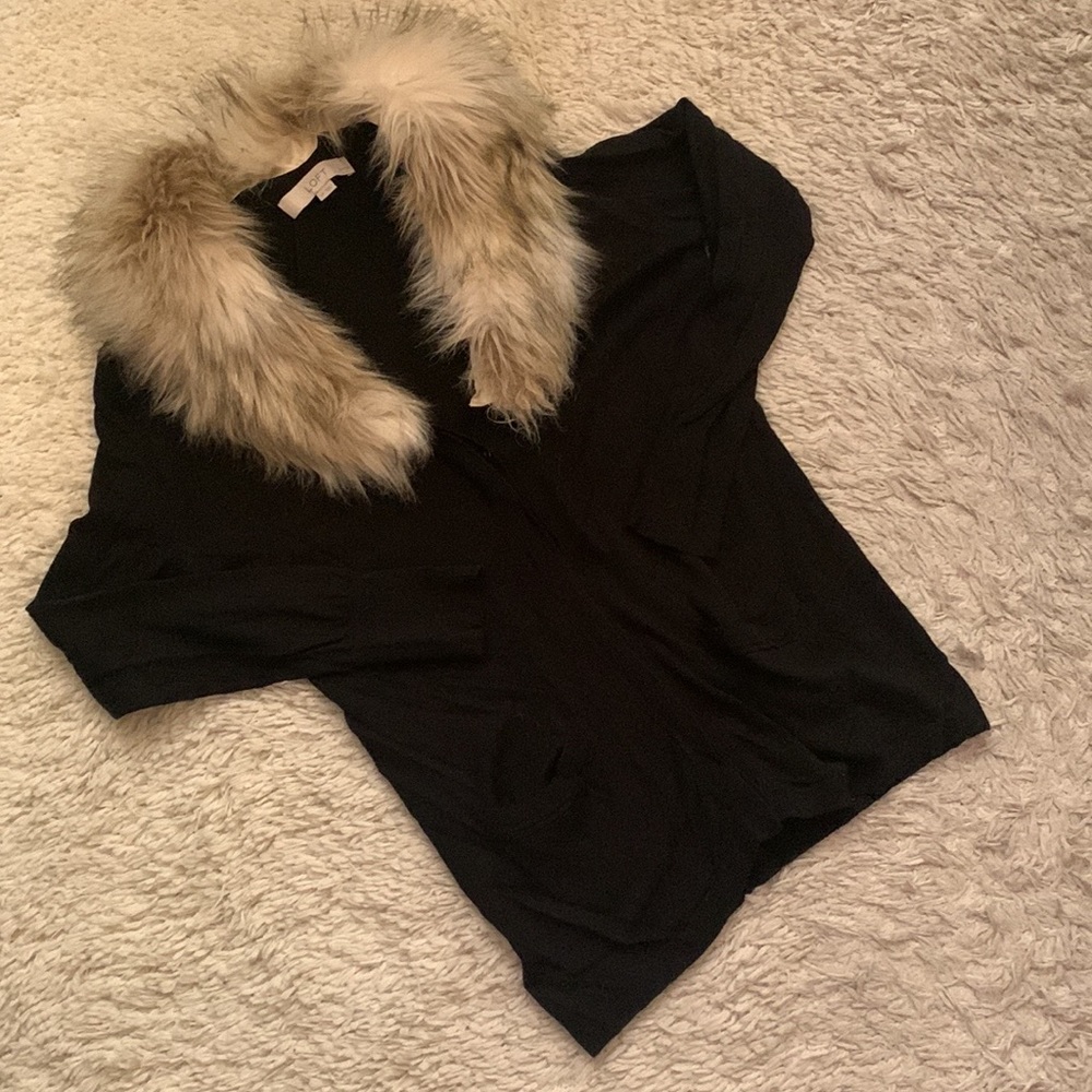 Ann Taylor Fur Trim Black Cardigan